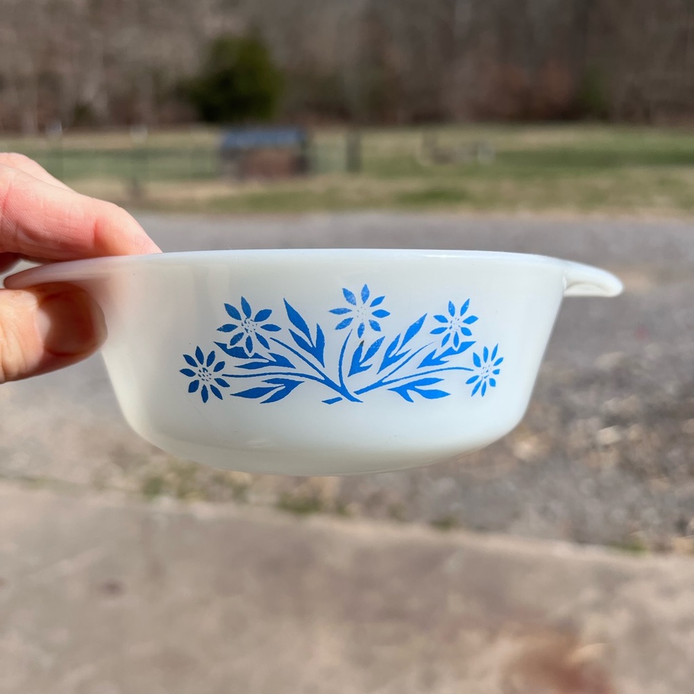 Vintage Fire King Small White Casserole Dish with Blue Flowers